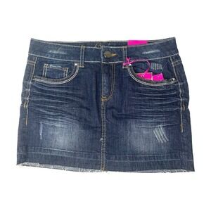 Vintage Y2k Denim Mini Skirt Womens Sz 5 Embroidered Distressed